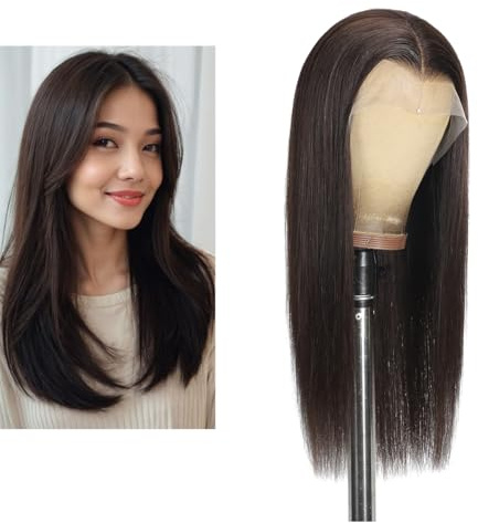 Larafona Echthaar Full Lace Wig Dunkelbraun 2# Volle Spitze Perücke Damen Lange Brazilian Virgin Hair 100% Remy Transparent Lace Pre-plucked 18inch/45cm