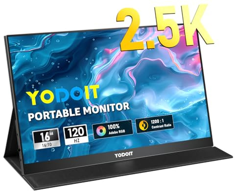 Yodoit 16 tum 2,5K QHD 120Hz IPS 2560x1600 16:10 bärbar bildskärm med USB Type-C och inbyggda smart Cover-högtalare. Kompatibel med datorer, bärbara datorer, MacBooks och Xbox.