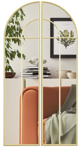 HOMCOM Miroir Mural Arc 60 x 120 cm, Miroir Verrière de Fenêtre Ton Doré | Grand Décoratif, Cadre Métallique, Chambre, Salon, Couloir