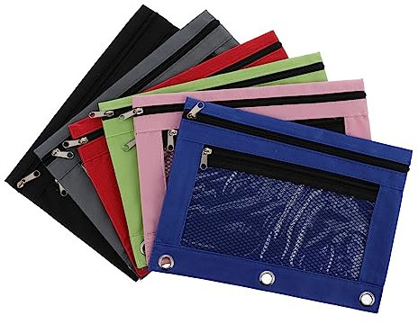 KICHOUSE Lot De 6 Trousses à Crayons Oxford Multifonctions 3 Anneaux Avec Fenêtre En Filet, Paquet De Papeterie Zippé, Couleurs Assorties, Bureau Et École