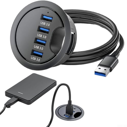 Passacavo da scrivania, hub USB 3.0 a 4 porte con foro passacavo desktop, velocità di trasferimento dati 5 Gbps, organizer per cavi per PC portatili