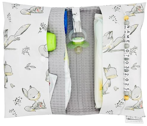 Generisch Frau Else Personalisierte Windeltasche mit Name und Datum für Unterwegs, Fuchs-Design mit Waffelpiquet in Hellgrau, Große Wickeltasche für bis zu 4 Windeln + Feuchttücher, Wickelorganiser