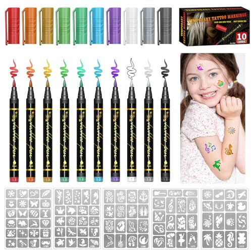 10 Stück Glitzer Tattoo Kinder Tattoostifte Set, Tattoo Stifte, mit 5 Blätter 93 Temporäre Tattoo Henna Schablonen, für Kinder Erwachsene Geburtstage Party Halloween(10 Farben)