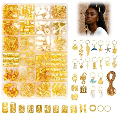 Haarschmuckfür Zöpfe Goldener, 285 Stück Gold Haarschmuck für Dreadlocks Dreadlocks Schmuck Klipsen Loc Schmuck für Haar Verstellbar Haarperlen Zum für Männer Frauen Mädchen und Jungen