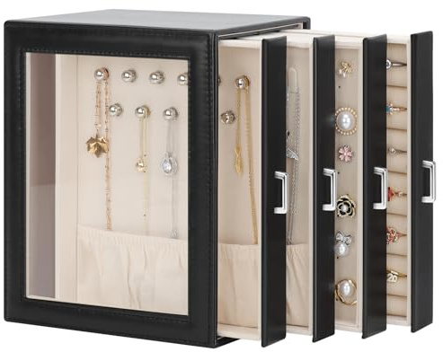 DesignSter Boîte à bijoux à 4 Niveaux pour femme, Coffret à Bijoux en PU avec tiroirs latéraux, Rangement Bijoux pour boucles d'oreilles, colliers, bagues, bracelets, montres, Noir