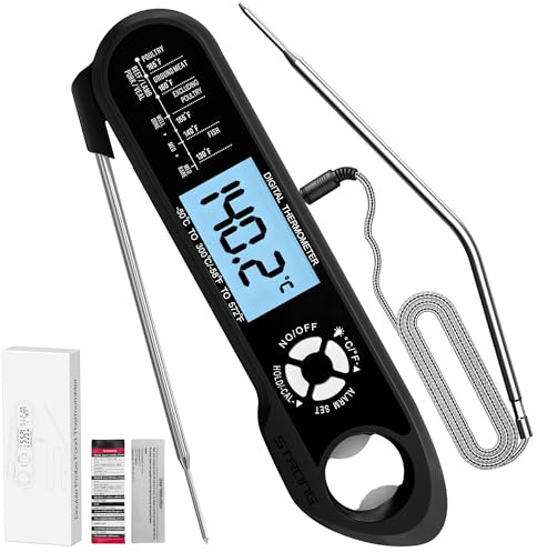 RUN HELIX Meat Thermometers, Fast&Precise Read Food Thermometer with 115.5cm Wire Probe, Backlight LCD Display, Digital Thermometers, Perfect for Cooking, BBQ, Candy Making, Milk, Water & Meat(Black)