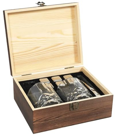 HowHomely Whisky Gift Set - 2 Whisky Glasses 270 ml with 6 Stainless Steel Cooling Stones, Tongs & Wooden Box - Elegant Bar Accessories