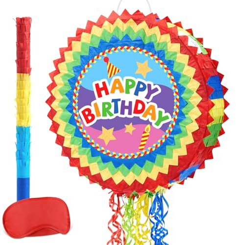 WERNNSAI Geburtstag Pinata – Regenbogen Geburtstag Pinata Deko Kinder Junge Mädchen Bunte Runde Piñata mit Stock Augenbinden Quasten Kordelzug Geburtstagsparty Dekorationen Karneval Piñata Spiele