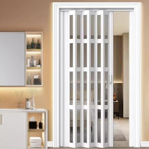 Hynbdes Interior Accordion Folding Door,No Drilling Retractable Sliding Doors, Aluminum Frame and Acrylic Panel for Bathroom Closet Kitchen Patio, asy DIY Installation & Complete Kit - 79x80in.