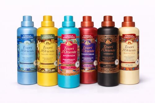Tesori d'Oriente sköljmedel koncentrat blandningsset 6-pack (6 x 760 ml) – 6 dofter: Thalasso Therapy, Vaniglia & Zenzero, Ayurveda, Persian Dream, Hammam, Byzantium – italienskt märke Veltao