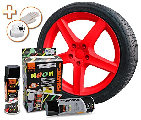 FOLIATEC Sprühfolie Auto Felgenfolie Sprüh Lack Spraydose Abziehbar, Gute Deckkraft, neon rot, 1x 400ml Sprüh Folie & 1x 400ml Grundierung