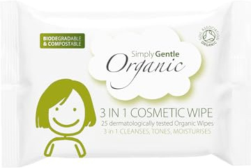 Simply Gentle Organic 3-in-1 Cosmetic Face Wipes - Dermatologist Tested, Antibacterial Fragrance-Free Makeup Remover Wipes with Smooth Texture - Removes Dirt & Impurities - 25 Count