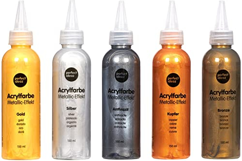 perfect ideaz 5 x 150 ml Acrylfarbe Metallic, 5 Farben, hochdeckend, auf Wasserbasis