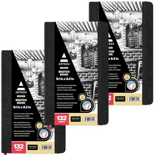ARTEZA Small Hardcover Sketch Book 5.1x8.3 Drawing Pad 3 Pack 100 Sheets Sketch Pads for Drawing for Adults & Teens