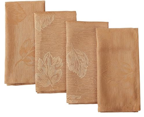 Newbridge Gold Tremont Leaf Damask Spring Lodge Fabric Napkins, Set of 4, Elegant Holiday Swirling Leaf Pattern, Soil Resistant Easy Care Dinner Napkins