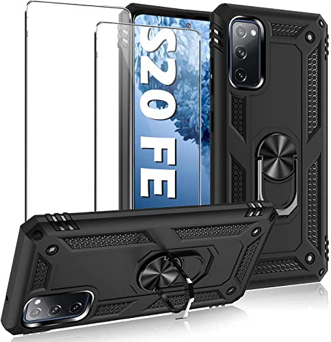 niter Kompatibel mit Samsung Galaxy S20 Fe 5G Hülle mit Displayschutzfolie, Militärische Anti-Fall-Abdeckung für Samsung S20 Fe 5G Hülle mit Magnetring-Ständer, Schwarz