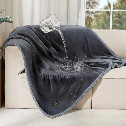 Luciphia Waterproof Pet Blanket, Liquid Pee Proof Dog Blanket for Sofa Bed Couch, Reversible Sherpa Fleece Furniture Protector Cover for Small Medium Large Dogs Cats, Dark Gray Large（65 x 57）