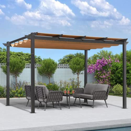 PURPLE LEAF Pergola 3 x 4 m Aluminium Garten Pavillon Wasserdicht Sonnendach mit Schiebedach, Terrassenüberdachung mit Markisenschutz für Garten Terrasse, UV Beschattung, Beige