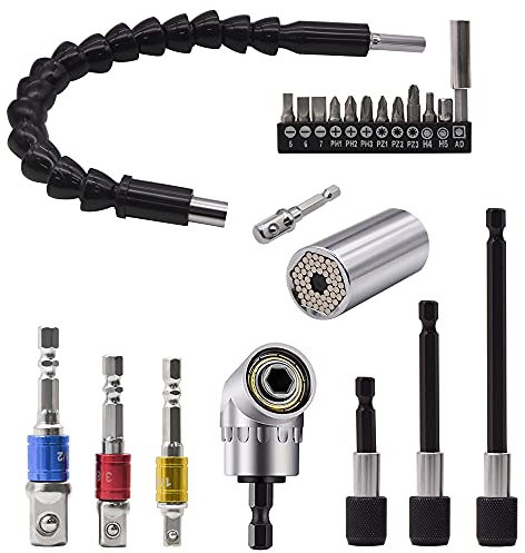 Flexible Drill Bit Extension Set & Universal Socket Tool, Bendable Drill Bit Extension, 3pcs Drill Bit Holder, 1/4 3/8 1/2 Universal Socket Adapter Set, 105° Right Angle Drill, Screwdriver Bit Kit