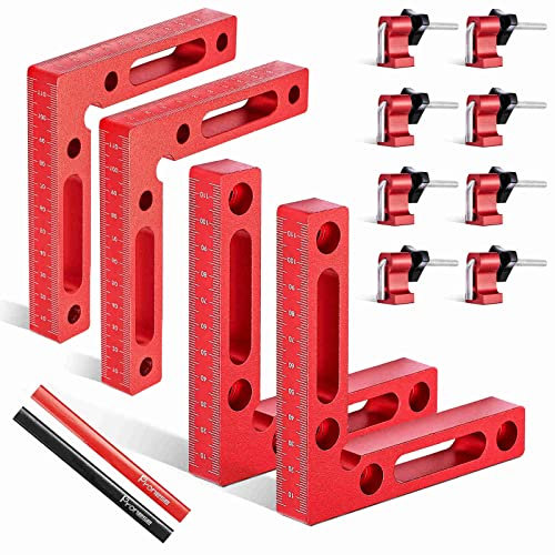 Pronese 90 Degree Right Angle Clamp, 4 Pcs Aluminium Alloy Positioning Square (120mm/4.7) with 8 Sets of Clamp Block, Corner Clamps for Woodwork, Frames, Cabinets