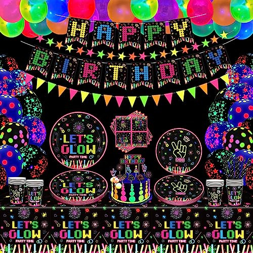 171 PCS Fournitures de Fête Néon Lumineux - Décorations Phosphorescentes Dans Le Noir - Set de Table à Lumière Noire - Assiettes, Bannière, Ballons, Nappes, Guirlande - Pour 20 Personnes