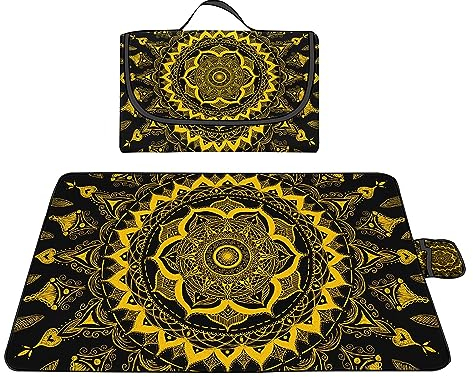 Picknickdecke 150x200cm,XXL Picknickdecke mit Wasserdichter Unterseite,Outdoor Stranddecke Sandfrei,mit Tragegriff Faltbare Picnic Blanket für Camping,Strand,Park,Familie,Konzerte Gelbes Mandala