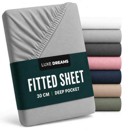 Luxe Dreams Single Fitted Sheet Cotton Deep Pocket 12 inches (30cm) Light Grey 100% Cotton, Soft Bed Fitted Sheets Wrinkle & Fade Free, Machine Washable, Durable & Long Lasting (90x190) cm