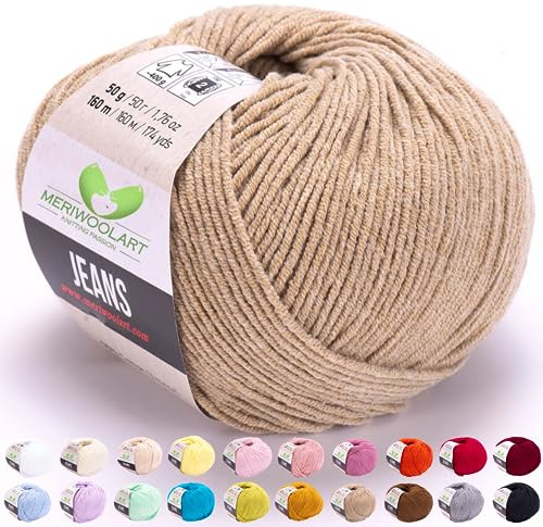 MeriWoolArt® Dunkel Beige Baumwollgarn zum Stricken und Häkeln, Textilgarn, Stoffgarn, Baby Wollgarn für Handarbeiten, Babykleidung, Amigurumi, Babydecke, Pullover, Mützen und Accessoires