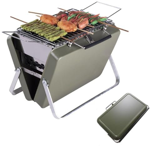 Septpenta Barbecue Au Charbon de Bois, Petits Grills Portables, Grille Pliable pour Ordinateur Portable, Grille Ondulée Antiadhésive, Rangement de Style Valise pour la Cuisine en Plein Air(Vert)