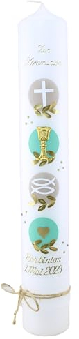 Cerziies® Kommunionkerze KORBINIAN Junge oder Mädchen mit Name und Datum, individuell und handverziert 2208, Kerzengröße :ca. 40x4