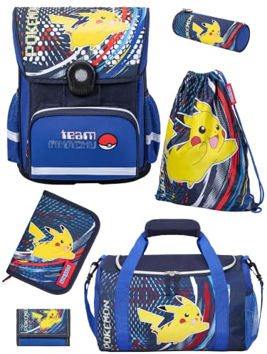 Familando - Schulranzen Set 6-teilig mit Sporttasche - Pokémon mit Pikachu Motiv - Ergonomisch, stabil & mit gepolstertem Rücken - 990g leicht, 16L Volumen - Mit Reflektoren - ab 1. Klasse