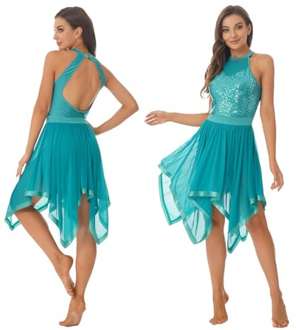 Lyrisches Tanz Kostüm für Damen Ärmelloses Neckholder-Pailletten-Ballettkleid for Damen, lyrisches Tanzkostüm, asymmetrisches Mesh-Jazz-Kleid for modernen zeitgenössischen Tanz ( Color : Green , Size