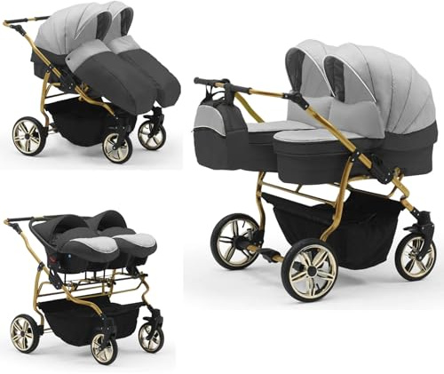Zwillingskinderwagen 4 in 1 Duet Lux Goldedition inkl. Autositze - 13 Teile - in 20 Farben
