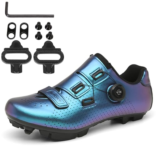 PENXZT Herren Damen MTB Schuhe, Fahrradschuhe Mountainbike Schuhe kompatibel mit SPD 2 Schrauben mit Cleats Outdoor-Radschuhe,Blau,45 EU