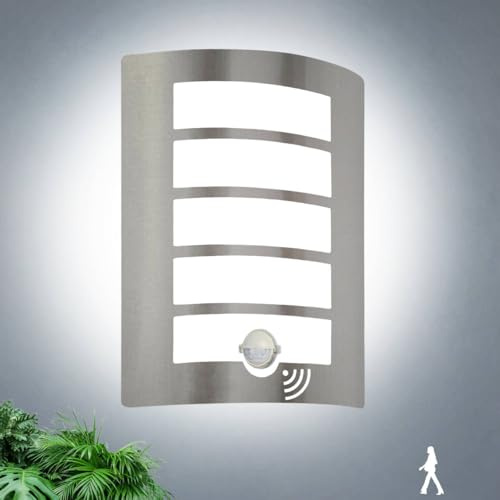 Allesgute Outside Wall Lights PIR Motion Sensor Stainless Steel 6000K | Curved Outdoor Lights Mains Powered IP44 Waterproof Wall Lamp Incl. 1x 12W E27 Bulbs Cool White