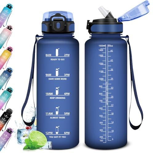 KollyKolla Wasserflasche 1.5L, Trinkflasche Sport mit Strohhalm, BPA-Frei, Trinkflasche mit Zeitmarkierungen, Trinkflasche Gym, Auslaufsicher, Kohlensäure Geeignet, für Erwachsener, Büro, Fitness