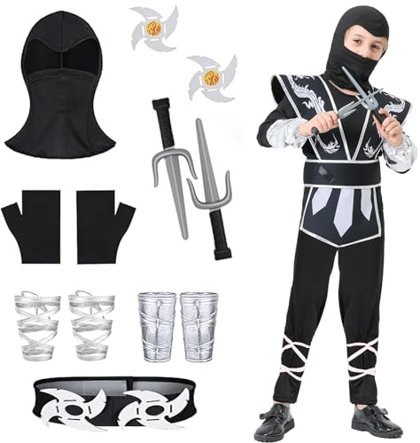 Y.A. LOTUS Costume Ninja de carnaval pour enfants, costume de Ninja d'Halloween pour garçons et filles, costumes de Noël pour jeux de rôle de Ninja (noir argenté, S)