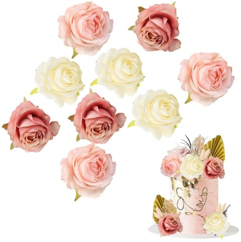 Jormftte 9 Pcs Flower Cake Decorations, Artificial Rose Cake Decorations, for Bridal Engagement Baby Shower Birthday Party DIY Craft Cake