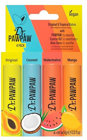 Dr.PAWPAW Original and Tropical Balm Variety Pack 4 x 4g, Coconut Watermelon Mango and Original, Multi Purpose Natural Pawpaw Balms for Lips Skin and Nails, Vegan Travel Size Set