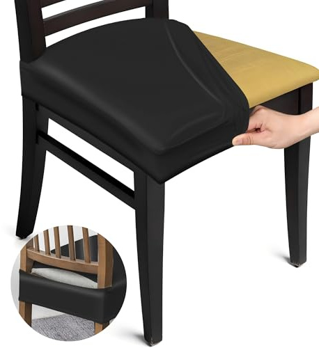 MEKOTRIN Dining Chair Covers Set of 4, PU Leather Waterproof Dining Chair Seat Covers, Removable Kitchen Chair Slipcovers for Dining Room Hotel Garden(Black)
