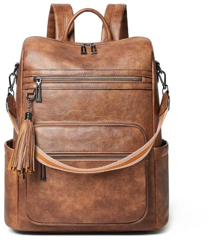 Shrrie laptop ryggsäck handväska för kvinnor, 38 cm mode läder ryggsäck handväska designer vattentät vardagsväska, Tvåfärgad brun, 15.6inch, Ryggsäckar för dagsutflykt