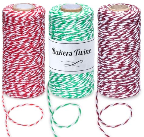 Christmas String, 3 Rolls Butchers Twine in 2mm - 100m / Roll in Green Red and White Craft Wire, 4-ply Cooking String and Christmas Twine for Gift Wrapping, Kitchen Cooking Meat, Gardening