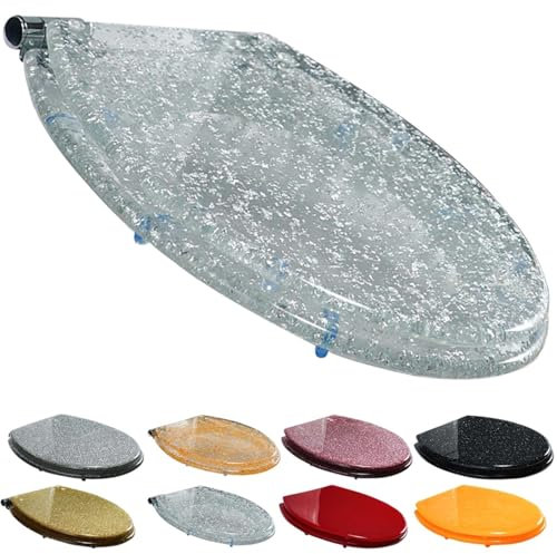 Glitzernder WC-Sitz, Absenkautomatik, mit Schnellverschluss, strapazierfähig, transparent, silberfarben, für einfache Installation, Befestigung oben und unten im Lieferumfang enthalten