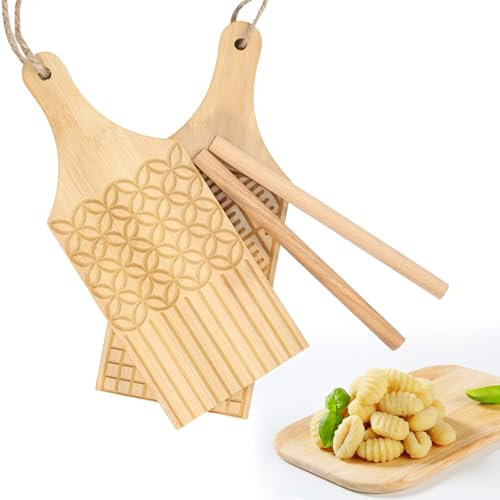 2 Stück Gnocchi Brett Set mit Brotstange 24.5×8×1.5cm Gnocchi Brett Holz mit Griffs Gnocchi Roller zur Herstellung von Gnocchi Nudeln Makkaroni Fusillibutter