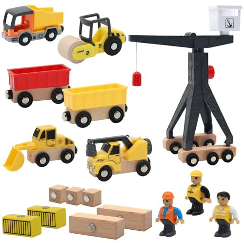 YISKY Baustelle Kinder Fahrzeug, Holz Konstruktions Fahrzeuge, Baustellen Spielset, Crane Spielzeug Set, mit Turmkran Bagger Muldenkipper Radlader Straßenwalze, Spiel Set für Kinder ab 3
