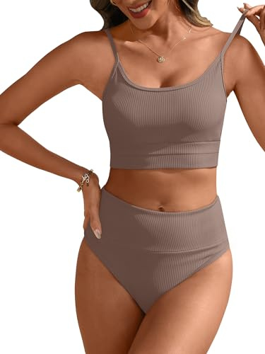 ANRABESS Women’s High Waisted Bikini Sets,Color Block 2 Piece Swimsuits,Tummy Control Bathing Suits,Thick Ribbed Beach Wear Brown Medium