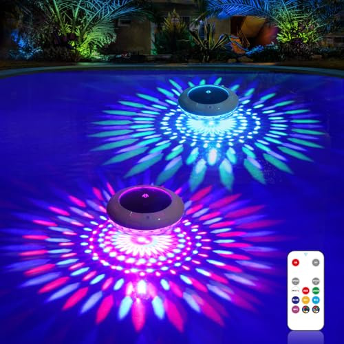LENONE Floating Pool Lights w/Remote, 6.5 Inch RGB Color Changing Solar Pool Lights That Float with 9 Dynamic Lighting, IP68 Waterproof Hangable Solar Floating Light for Pool Garden Weeding Decor(2)
