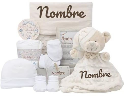 Mababyshop Velvet Canastilla Bebé Personalizada Unisex con Manta Burbujas, Dou Dou de Apego y Primera Puesta, Regalo Baby Shower, Beige