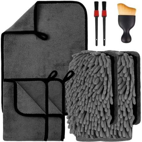 flintronic 8PCS Kit Nettoyage Voiture, Gants Lavage Voiture, 600 GSM Microfibre Gant Nettoyage Voitures, 3 Gant de Lavage Microfibre, 2 Chiffon Microfibres Voitures avec 2 Détail et 1 Beauté Pinceau