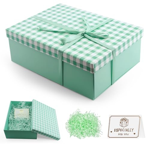 MOSTFUN Scatola Regalo con Coperchio, 25 x 18 x 8,5 CM Pieghevole Scatola Regalo Riutilizzabile con Biglietto di Auguri, Nastro e Rafia, per Compleanno Matrimonio Festa Anniversario Natale (Verde)